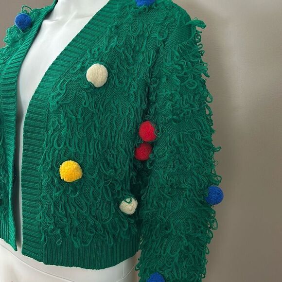 Mighty Fine Green Christmas Cardigan Sweater with loops and Pom poms - Picture 5 of 9